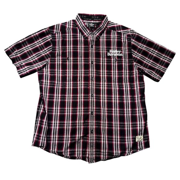 Harley Davidson Plaid Button Up Shirt Men XL Red Black Short Sleeve Skull Logo - Picture 1 of 11